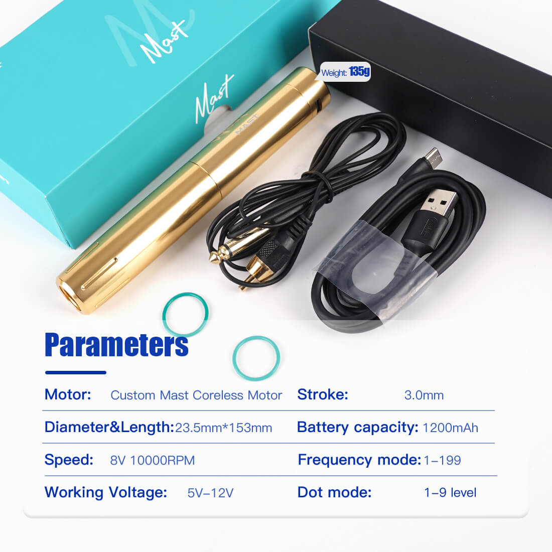 Mast Tour Y22 Wireless Tattoo Machine With Battery Kit (Gold)